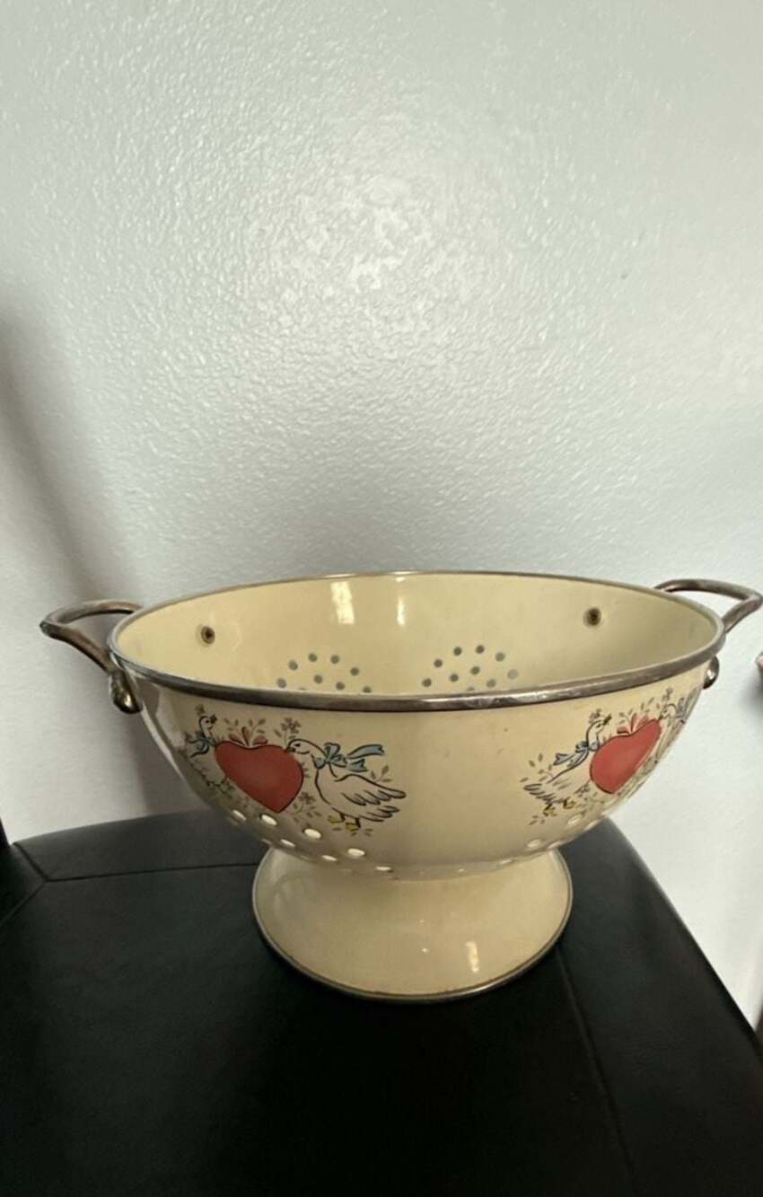 Vintage Enamelware Goose and Heart Pattern Colander